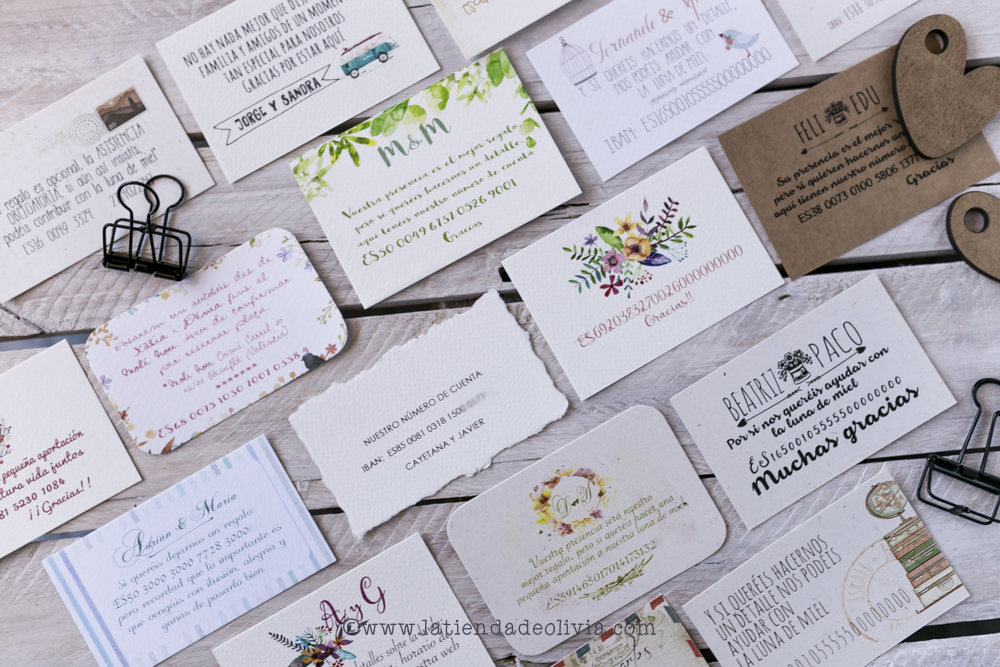 tarjetas con el numero de cuenta para listas de bodas 