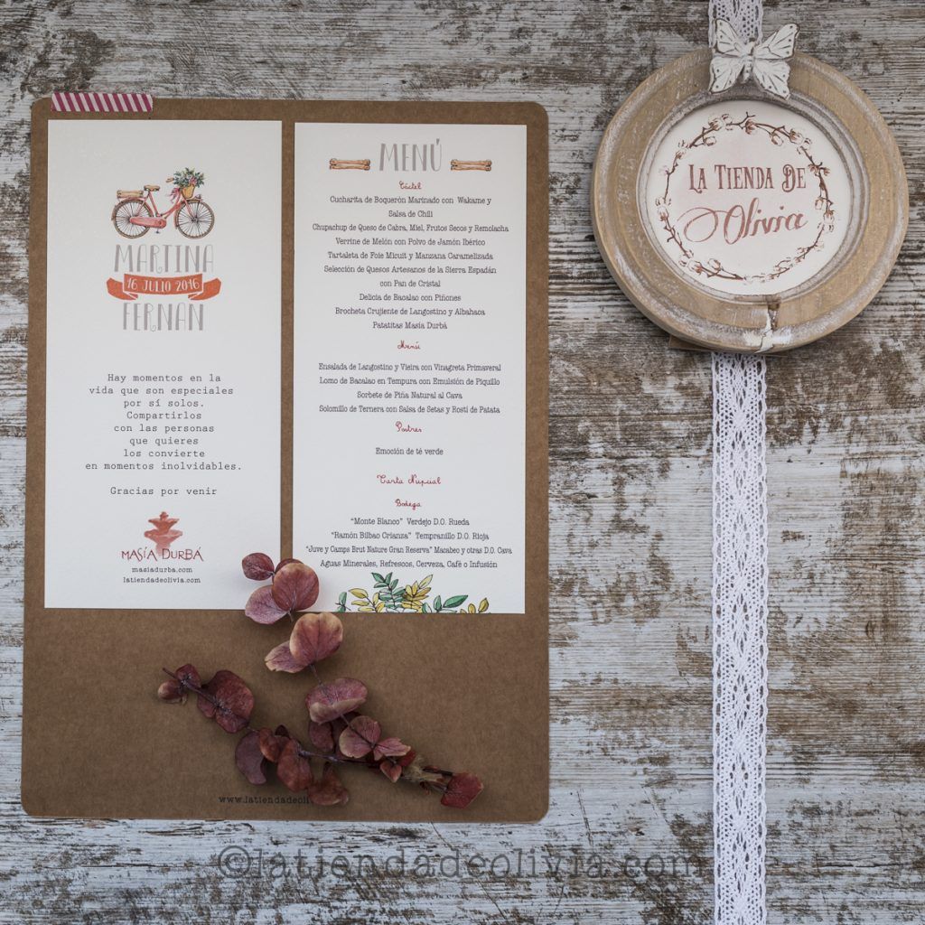 Minuta impresa con motivo de bicicleta con cesta de flores
