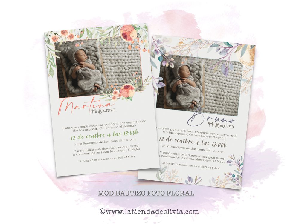 Invitaciones de Bautizo - Foto Floral