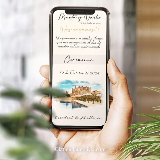 Foto-de-invitacion-digital-de-boda-la-tienda-de-olivia con imagen tipo acuarela del lugar de la celebración