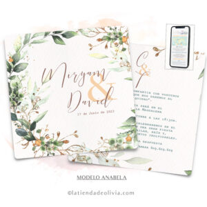 Diseño del modelo de invitación de boda con hojas verdes y dorados