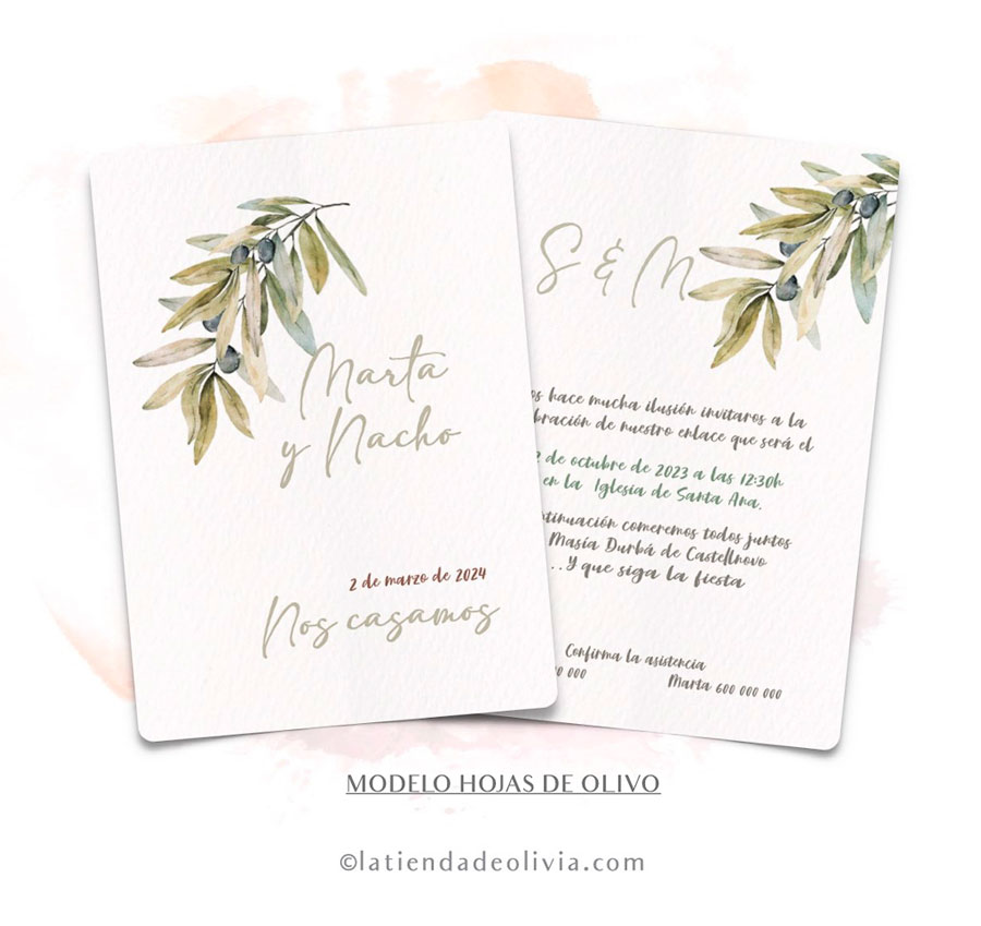 Diseño del modelo de invitación de boda con hoja de olivo