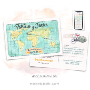Diseño del modelo de invitación de boda para viajeros con mapamundi