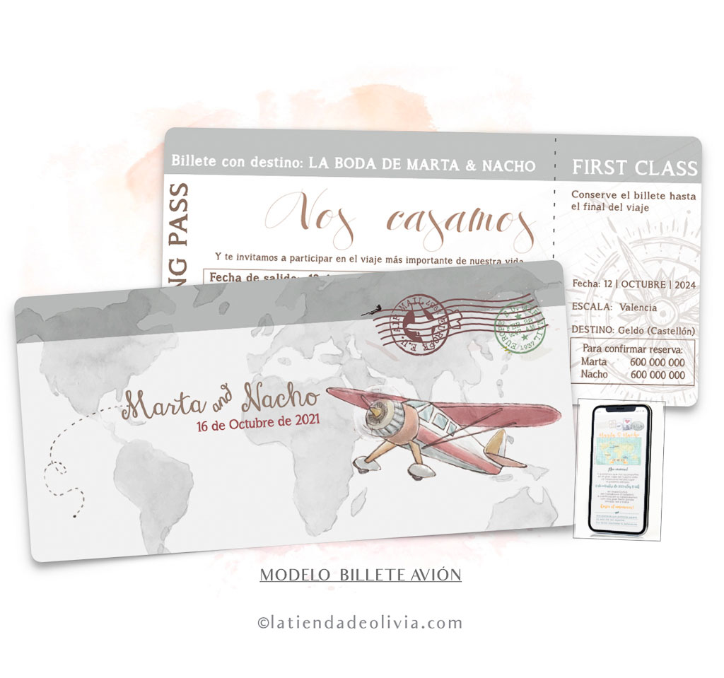 disenos-de invitaciones-originales-y-elegantes_la-tienda-de-olivia-con-billete-de-avion