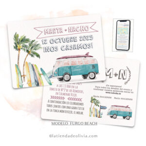 Diseño del modelo de invitación de boda para surferos con furgoneta