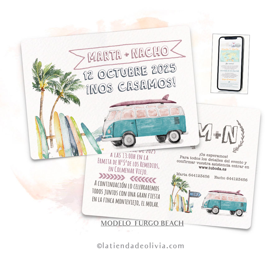 Diseño del modelo de invitación de boda para surferos con furgoneta