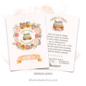 Invitaciones de boda bonitas surferas con furgo