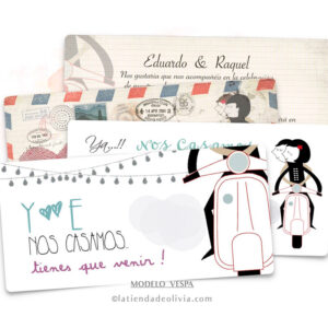 Diseño del modelo de invitación de boda con vespa