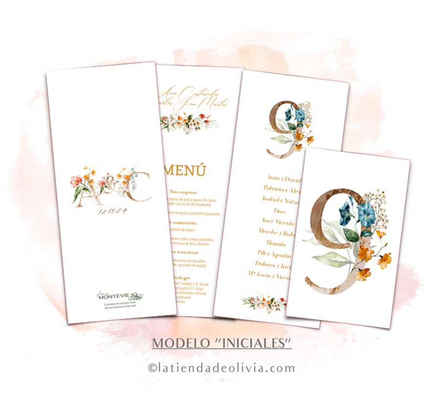 Diseño de minuta para bodas con iniciales