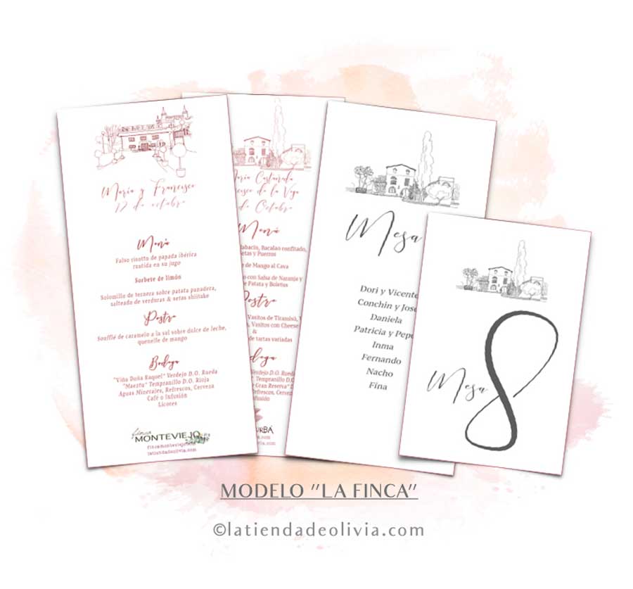 Diseño de minuta para bodas con dibujo de la finca