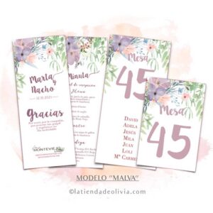 Diseño de minuta para bodas con flores malva