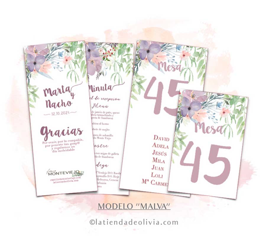 Diseño de minuta para bodas con flores malva