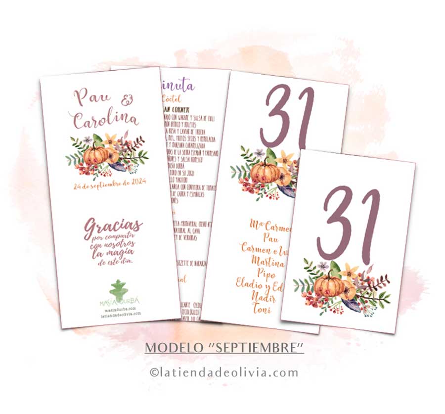 Diseño de minuta para bodas de otoño con flores naranjas y tonos tierra