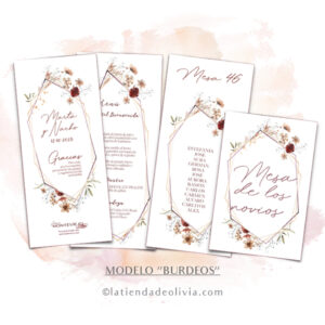 Diseño de minuta para bodas con flores en tonos burdeos
