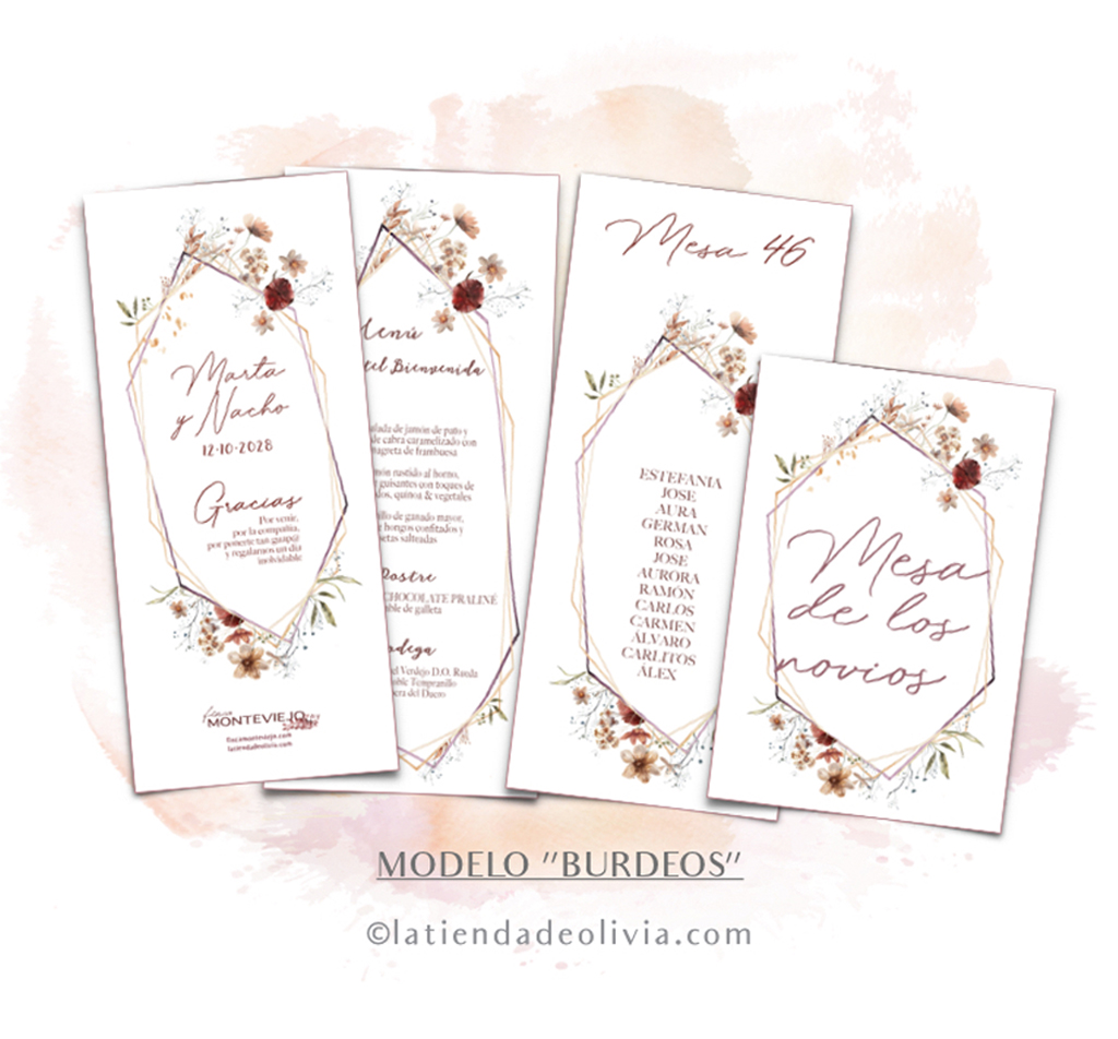 Diseño de minuta para bodas con flores en tonos burdeos