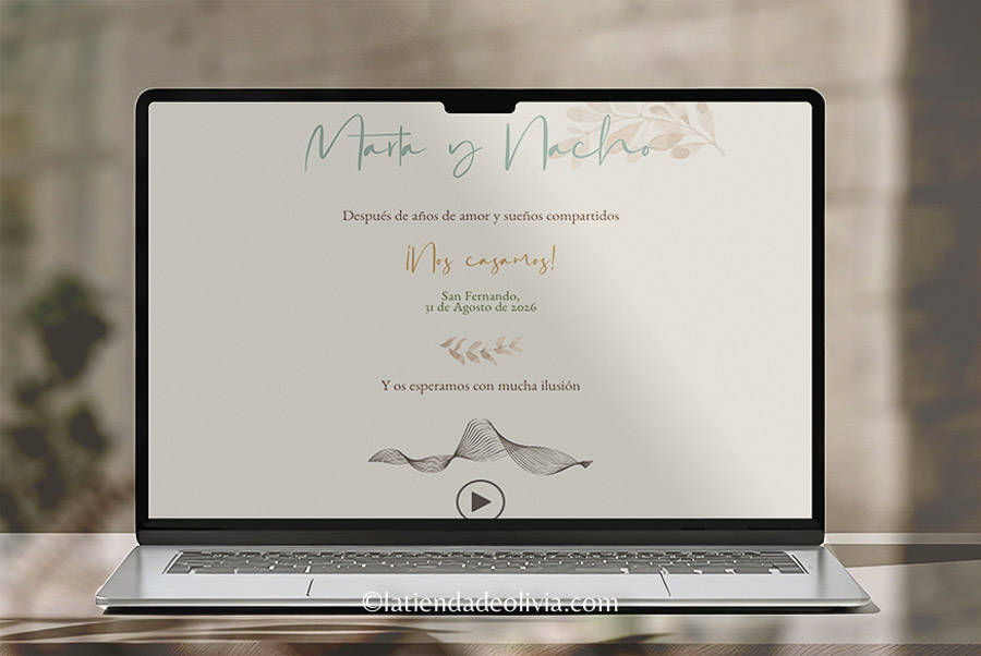 Web de boda elegante con motivos orgánicos y líneas suaves de inspiración natural.