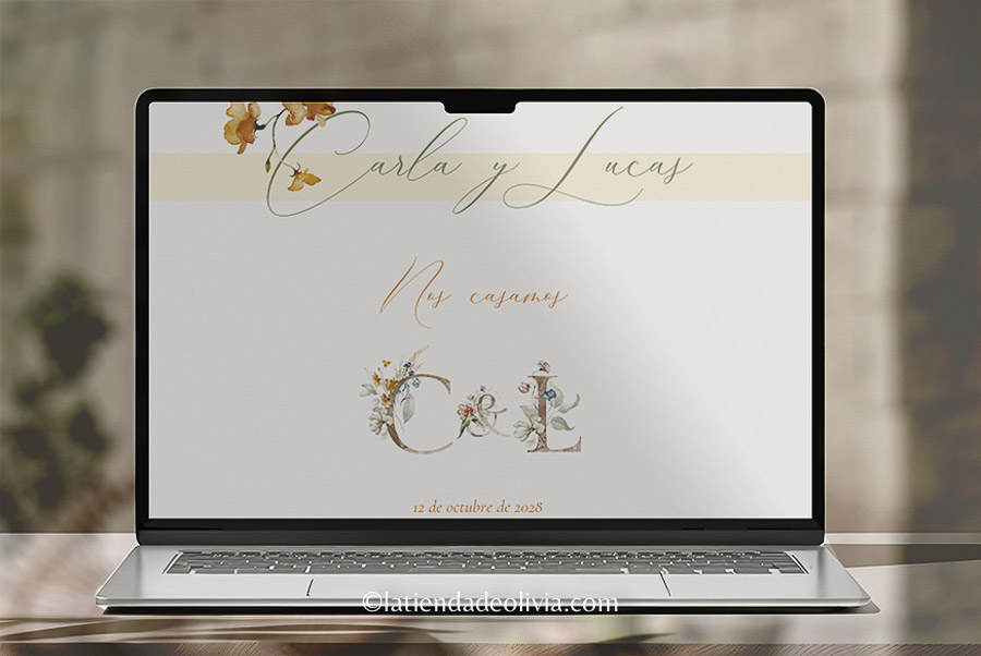 Diseño de una web de boda elegante con acabados artesanales y tipografía clásica. Captura de pantalla de una web de boda elegante con detalles de acuarela y flores.